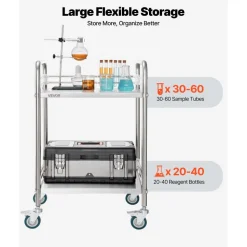 VEVOR Stainless Steel Cart, 2-Tier Rolling Lab Utility Cart with Lockable Wheels, Medical Serving Trolley Clinic Tray, Heavy Duty Mobile Service Storage Tray for Hospital, Restaurant, Kitchen, Salon