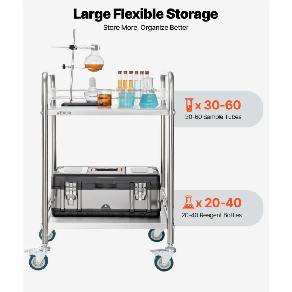 VEVOR Stainless Steel Cart, 2-Tier Rolling Lab Utility Cart with Lockable Wheels, Medical Serving Trolley Clinic Tray, Heavy Duty Mobile Service Storage Tray for Hospital, Restaurant, Kitchen, Salon