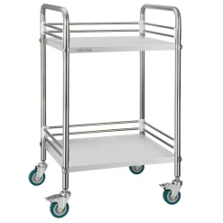 VEVOR Stainless Steel Cart, 2-Tier Rolling Lab Utility Cart with Lockable Wheels, Medical Serving Trolley Clinic Tray, Heavy Duty Mobile Service Storage Tray for Hospital, Restaurant, Kitchen, Salon