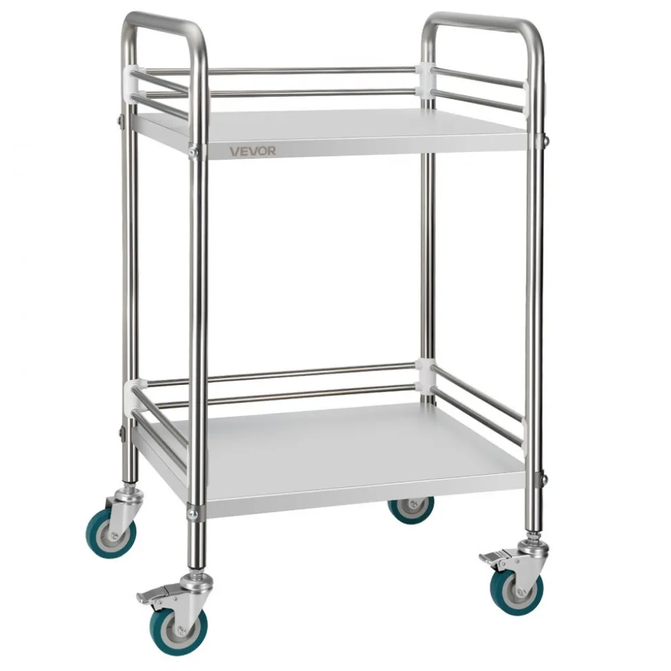 VEVOR Stainless Steel Cart, 2-Tier Rolling Lab Utility Cart with Lockable Wheels, Medical Serving Trolley Clinic Tray, Heavy Duty Mobile Service Storage Tray for Hospital, Restaurant, Kitchen, Salon