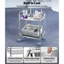 VEVOR Stainless Steel Cart, 2-Tier Rolling Lab Utility Cart with Lockable Wheels, Medical Serving Trolley Clinic Tray, Heavy Duty Mobile Service Storage Tray for Hospital, Restaurant, Kitchen, Salon