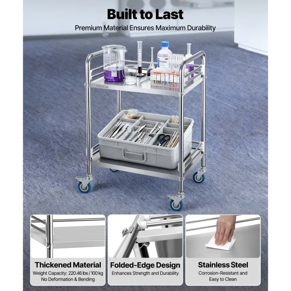 VEVOR Stainless Steel Cart, 2-Tier Rolling Lab Utility Cart with Lockable Wheels, Medical Serving Trolley Clinic Tray, Heavy Duty Mobile Service Storage Tray for Hospital, Restaurant, Kitchen, Salon