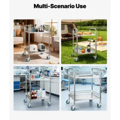 VEVOR Stainless Steel Cart, 2-Tier Rolling Lab Utility Cart with Lockable Wheels, Medical Serving Trolley Clinic Tray, Heavy Duty Mobile Service Storage Tray for Hospital, Restaurant, Kitchen, Salon
