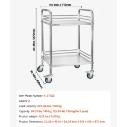 VEVOR Stainless Steel Cart, 2-Tier Rolling Lab Utility Cart with Lockable Wheels, Medical Serving Trolley Clinic Tray, Heavy Duty Mobile Service Storage Tray for Hospital, Restaurant, Kitchen, Salon