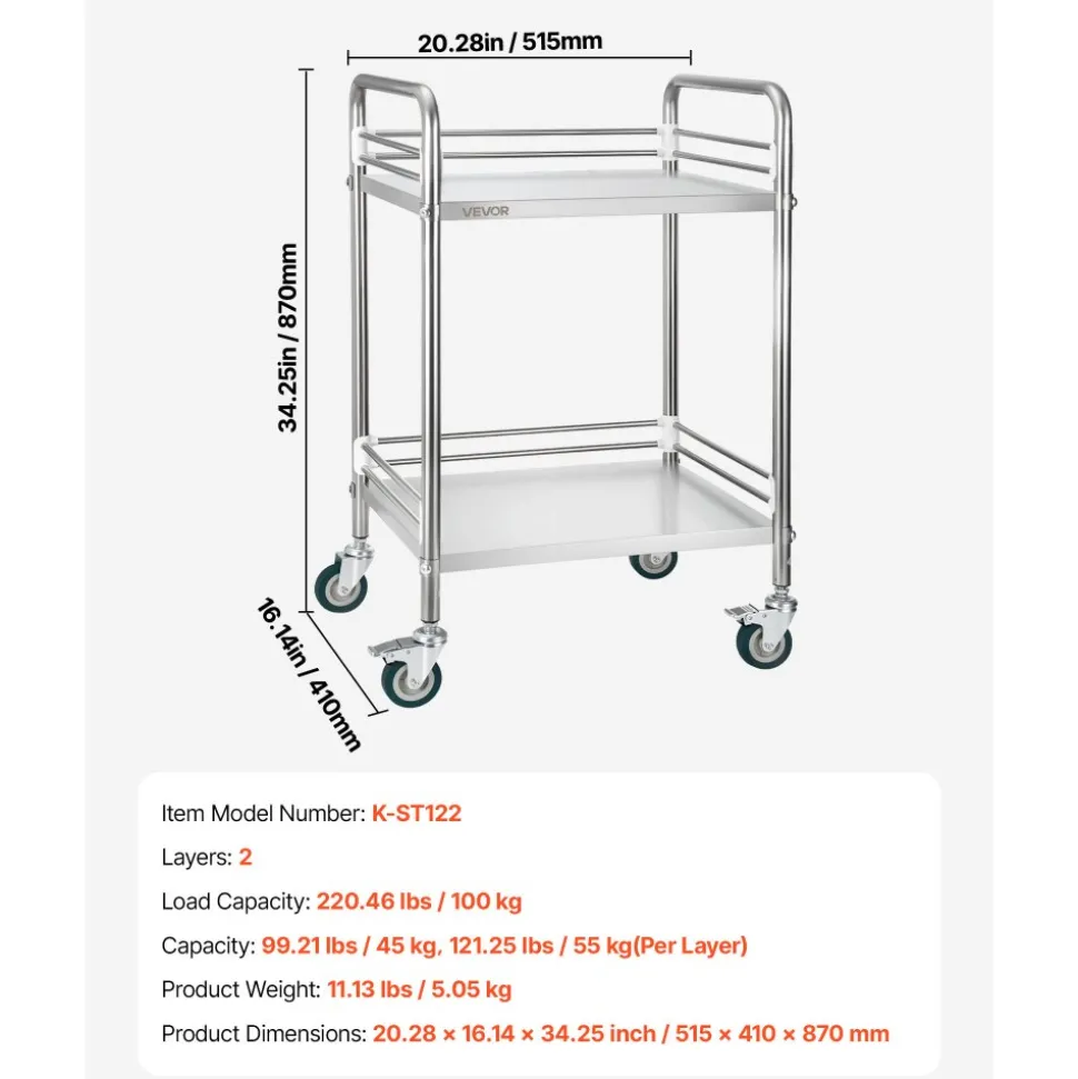 VEVOR Stainless Steel Cart, 2-Tier Rolling Lab Utility Cart with Lockable Wheels, Medical Serving Trolley Clinic Tray, Heavy Duty Mobile Service Storage Tray for Hospital, Restaurant, Kitchen, Salon