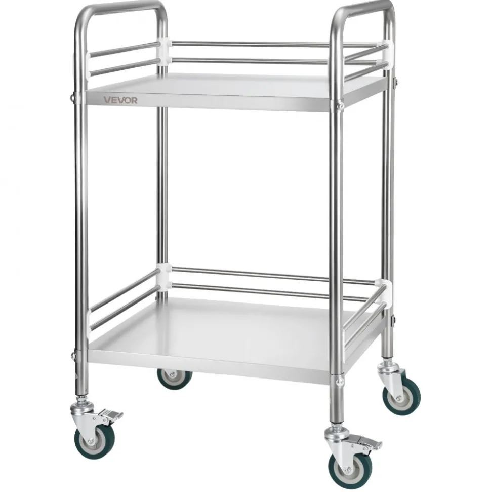 VEVOR Stainless Steel Cart, 2-Tier Rolling Lab Utility Cart with Lockable Wheels, Medical Serving Trolley Clinic Tray, Heavy Duty Mobile Service Storage Tray for Hospital, Restaurant, Kitchen, Salon