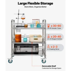 VEVOR Stainless Steel Cart, 3-Tier Rolling Lab Utility Cart with Lockable Wheels, Medical Serving Trolley Clinic Tray, Heavy Duty Mobile Service Storage Tray for Hospital, Restaurant, Kitchen, Salon