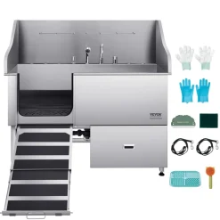 VEVOR 304 Stainless Steel Dog Washing Station, 61 Inch Pet Grooming Tub with Non-Slip Low-Slope Ramp, Storage Drawer, Hot & Cold Faucet, All-in-One Bath for Grooming Shop, Fits All Sizes (Left Door)