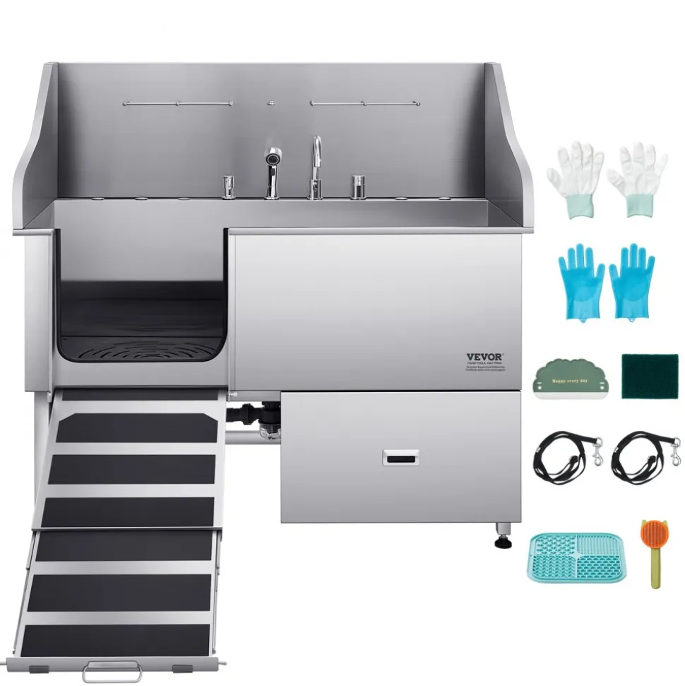 VEVOR 304 Stainless Steel Dog Washing Station, 61 Inch Pet Grooming Tub with Non-Slip Low-Slope Ramp, Storage Drawer, Hot & Cold Faucet, All-in-One Bath for Grooming Shop, Fits All Sizes (Left Door)