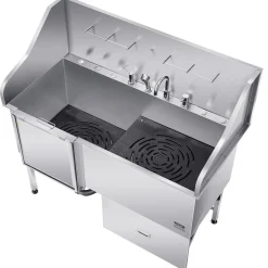 VEVOR 304 Stainless Steel Dog Washing Station, 61 Inch Pet Grooming Tub with Non-Slip Low-Slope Ramp, Storage Drawer, Hot & Cold Faucet, All-in-One Bath for Grooming Shop, Fits All Sizes (Left Door)