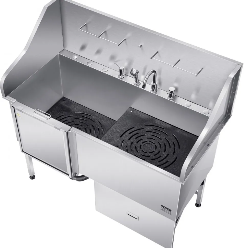 VEVOR 304 Stainless Steel Dog Washing Station, 61 Inch Pet Grooming Tub with Non-Slip Low-Slope Ramp, Storage Drawer, Hot & Cold Faucet, All-in-One Bath for Grooming Shop, Fits All Sizes (Left Door)