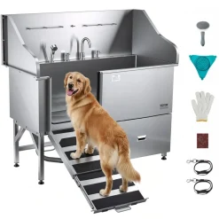 VEVOR 304 Stainless Steel Dog Washing Station, 61 Inch Pet Grooming Tub with Non-Slip Low-Slope Ramp, Storage Drawer, Hot & Cold Faucet, All-in-One Bath for Grooming Shop, Fits All Sizes (Left Door)