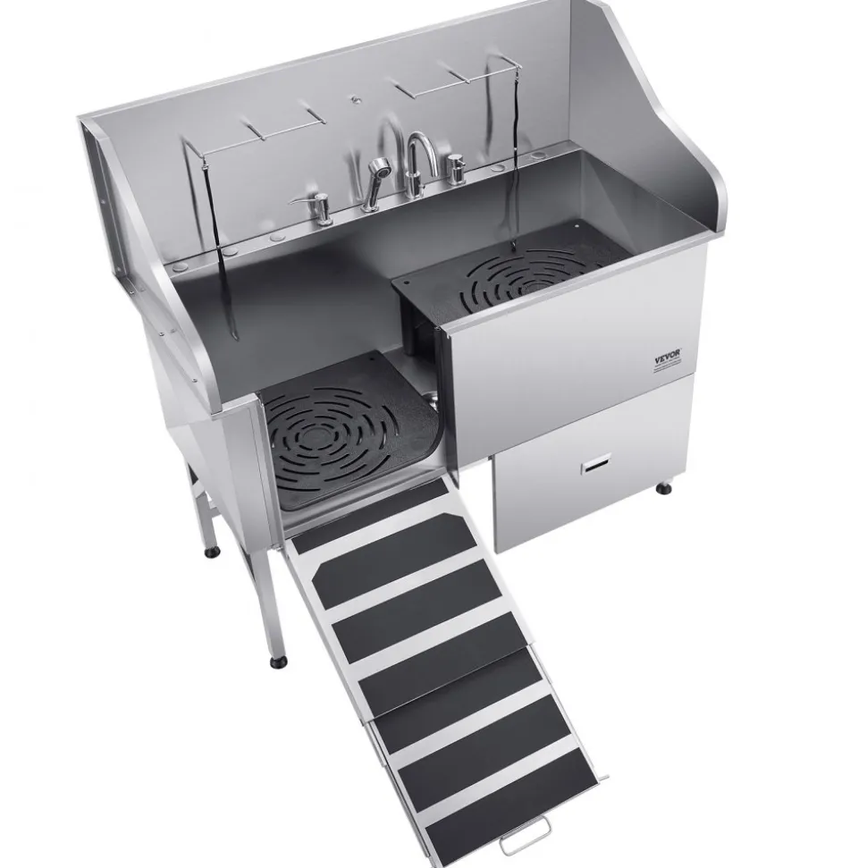 VEVOR 304 Stainless Steel Dog Washing Station, 61 Inch Pet Grooming Tub with Non-Slip Low-Slope Ramp, Storage Drawer, Hot & Cold Faucet, All-in-One Bath for Grooming Shop, Fits All Sizes (Left Door)