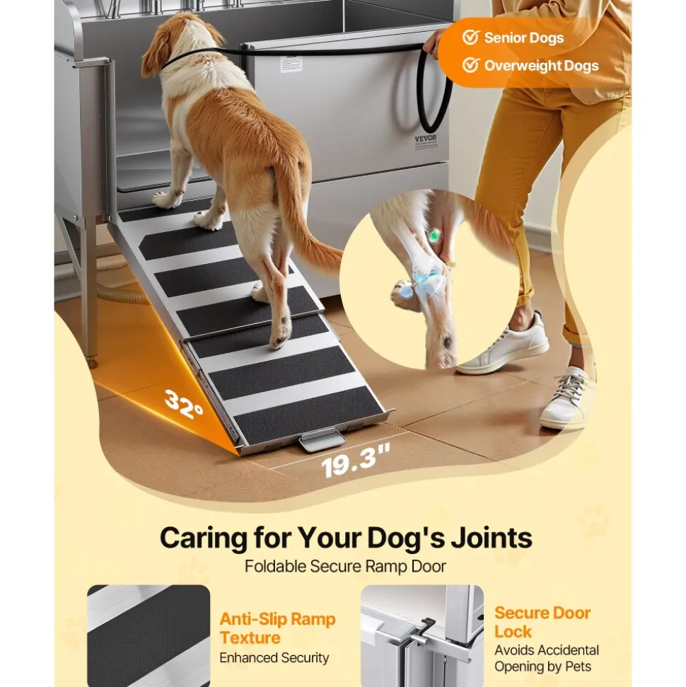 VEVOR 304 Stainless Steel Dog Washing Station, 61 Inch Pet Grooming Tub with Non-Slip Low-Slope Ramp, Storage Drawer, Hot & Cold Faucet, All-in-One Bath for Grooming Shop, Fits All Sizes (Left Door)