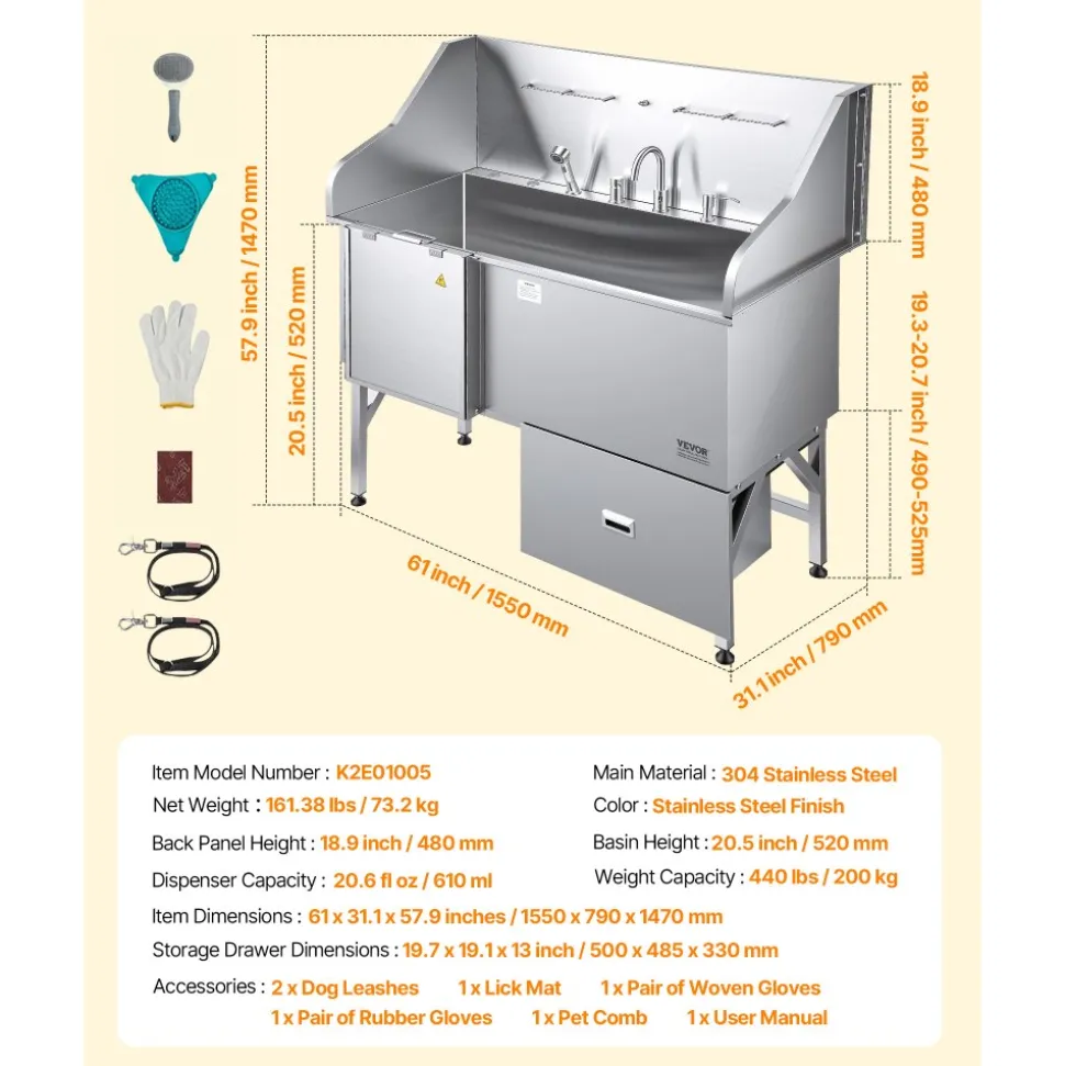 VEVOR 304 Stainless Steel Dog Washing Station, 61 Inch Pet Grooming Tub with Non-Slip Low-Slope Ramp, Storage Drawer, Hot & Cold Faucet, All-in-One Bath for Grooming Shop, Fits All Sizes (Left Door)