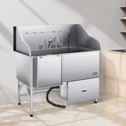 VEVOR 304 Stainless Steel Dog Washing Station, 61 Inch Pet Grooming Tub with Non-Slip Low-Slope Ramp, Storage Drawer, Hot & Cold Faucet, All-in-One Bath for Grooming Shop, Fits All Sizes (Left Door)
