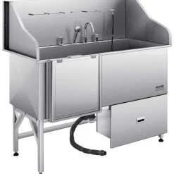 VEVOR 304 Stainless Steel Dog Washing Station, 61 Inch Pet Grooming Tub with Non-Slip Low-Slope Ramp, Storage Drawer, Hot & Cold Faucet, All-in-One Bath for Grooming Shop, Fits All Sizes (Left Door)
