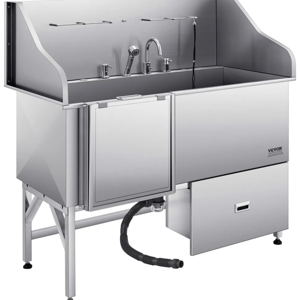 VEVOR 304 Stainless Steel Dog Washing Station, 61 Inch Pet Grooming Tub with Non-Slip Low-Slope Ramp, Storage Drawer, Hot & Cold Faucet, All-in-One Bath for Grooming Shop, Fits All Sizes (Left Door)