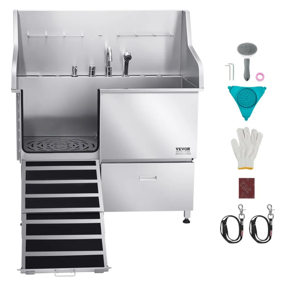 VEVOR Stainless Steel Dog Washing Station, 50 inch Pet Grooming Tub w/ Ramp, Faucet & Showerhead & Soap Holder Leash Dog Bathtub for Large & Medium & Small Pets (Left Door)