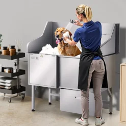 VEVOR Stainless Steel Dog Washing Station, 50 inch Pet Grooming Tub w/ Ramp, Faucet & Showerhead & Soap Holder Leash Dog Bathtub for Large & Medium & Small Pets (Left Door)