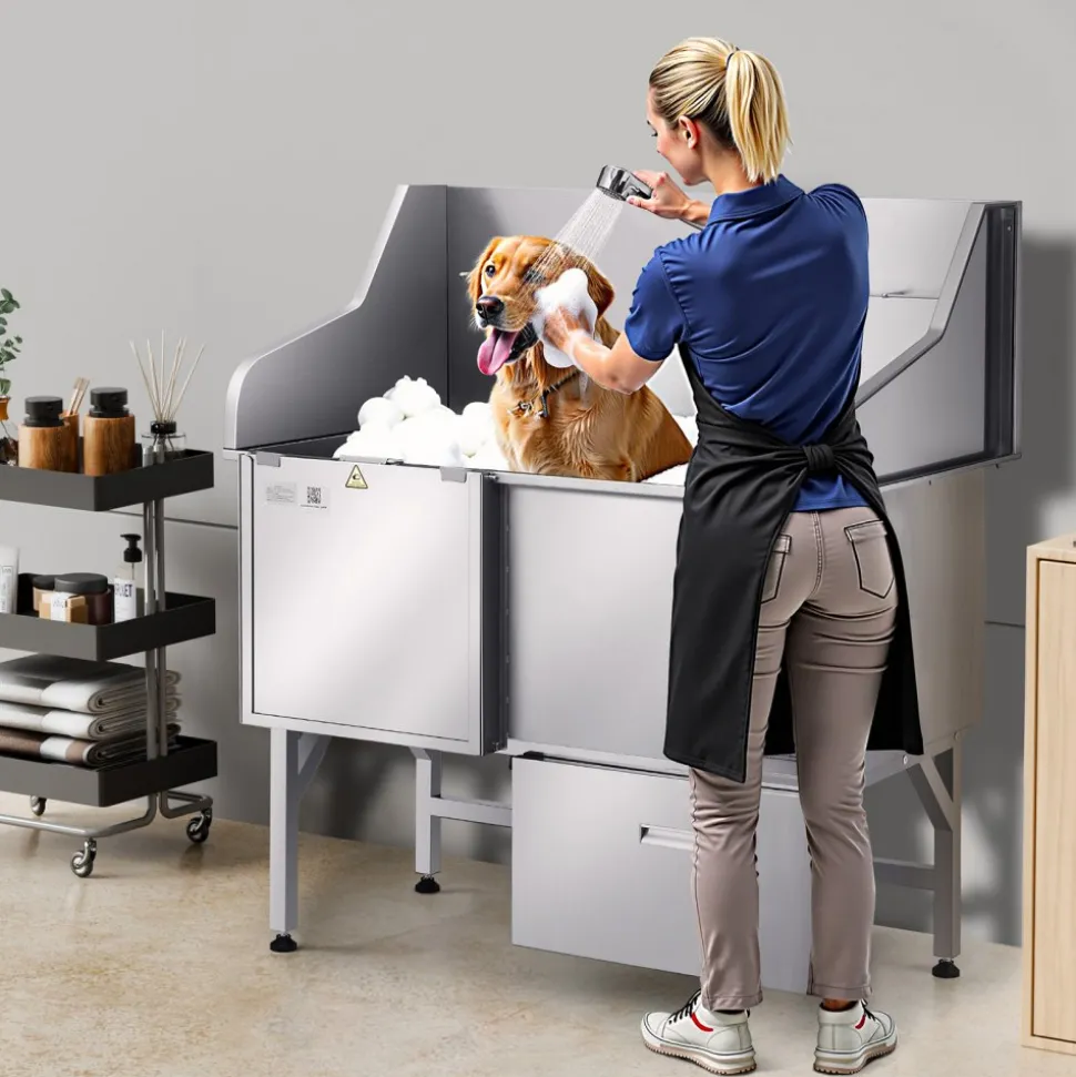 VEVOR Stainless Steel Dog Washing Station, 50 inch Pet Grooming Tub w/ Ramp, Faucet & Showerhead & Soap Holder Leash Dog Bathtub for Large & Medium & Small Pets (Left Door)