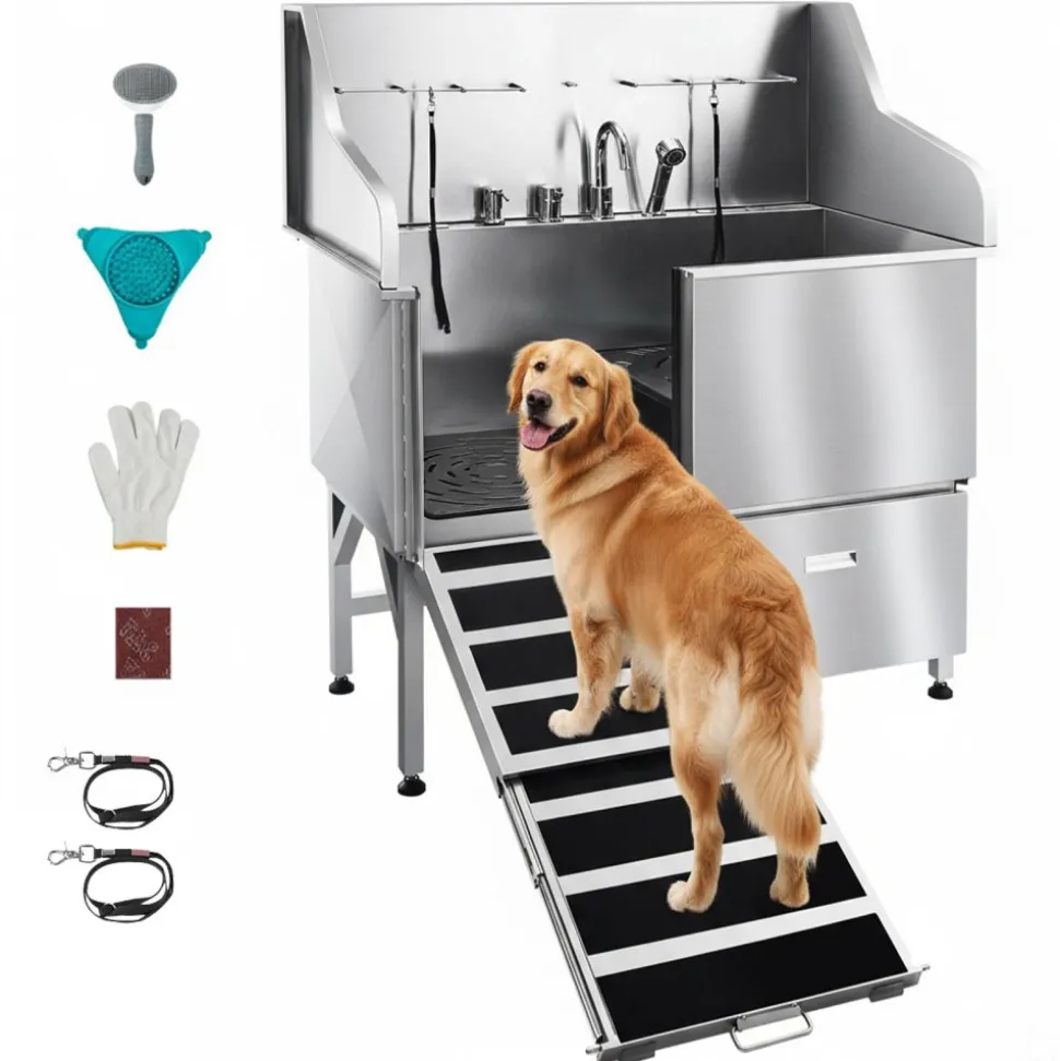 VEVOR Stainless Steel Dog Washing Station, 50 inch Pet Grooming Tub w/ Ramp, Faucet & Showerhead & Soap Holder Leash Dog Bathtub for Large & Medium & Small Pets (Left Door)