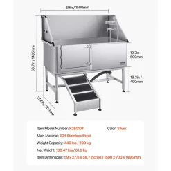 VEVOR Stainless Steel Dog Washing Station, 62 inch Pet Grooming Tub w/ Ramp, PE Water Filter Board, Faucet & Showerhead & Soap Holder Dog Bathtub for Large & Medium & Small Pets (Left Door)