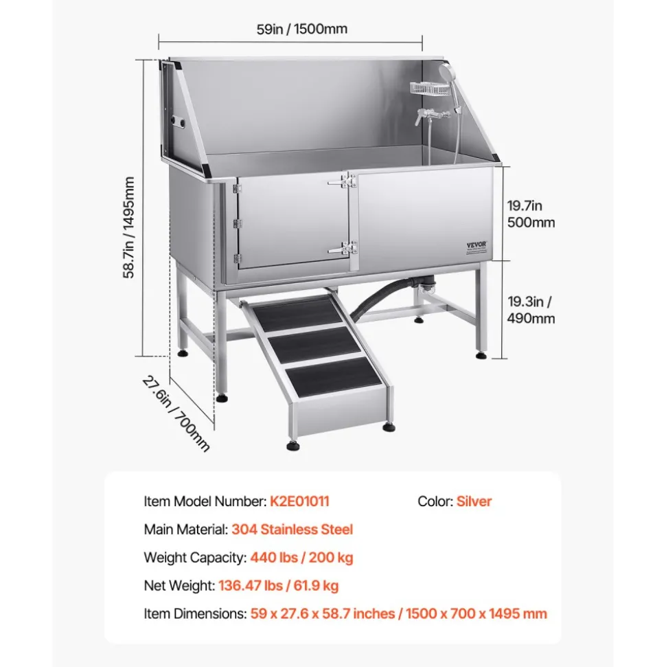 VEVOR Stainless Steel Dog Washing Station, 62 inch Pet Grooming Tub w/ Ramp, PE Water Filter Board, Faucet & Showerhead & Soap Holder Dog Bathtub for Large & Medium & Small Pets (Left Door)