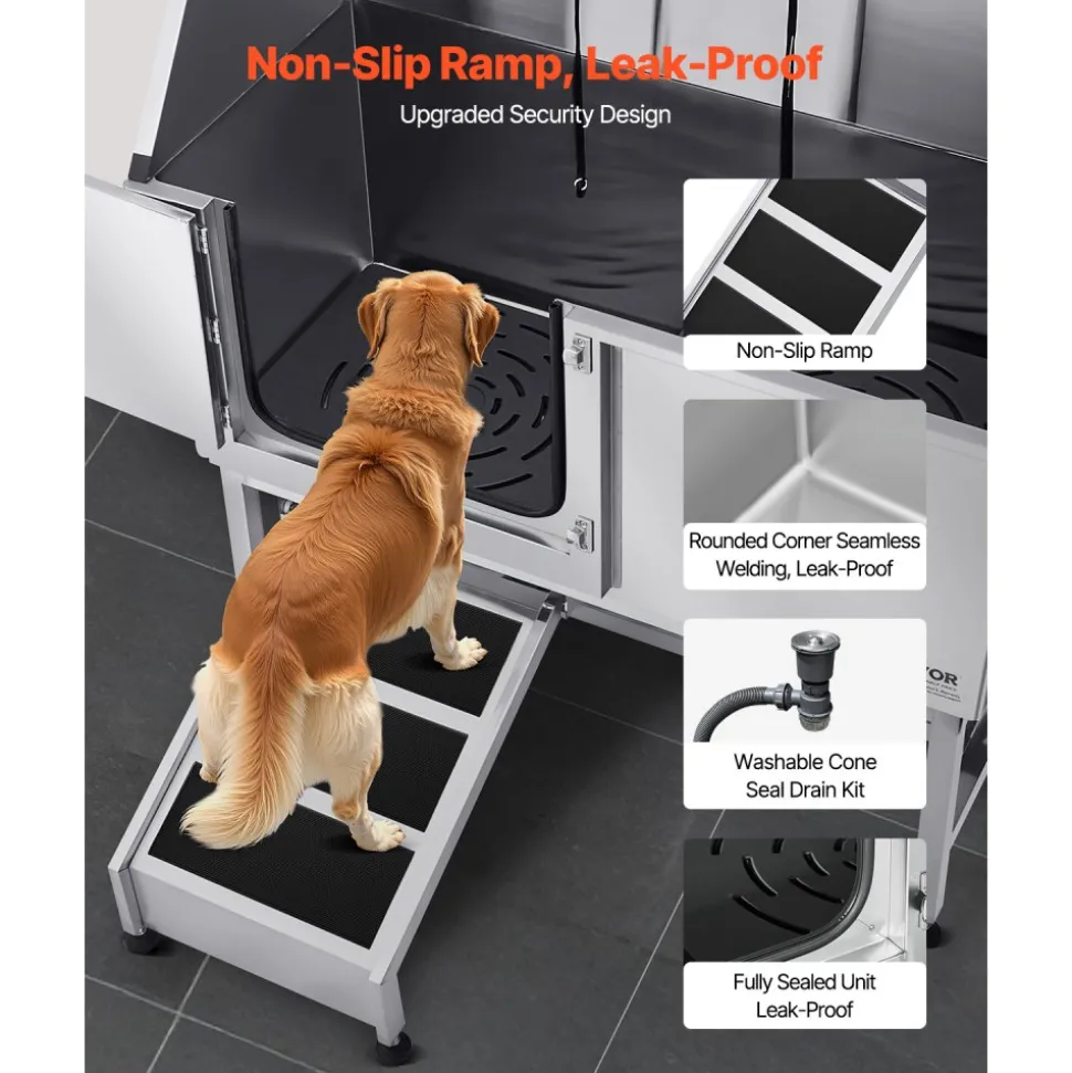 VEVOR Stainless Steel Dog Washing Station, 62 inch Pet Grooming Tub w/ Ramp, PE Water Filter Board, Faucet & Showerhead & Soap Holder Dog Bathtub for Large & Medium & Small Pets (Left Door)