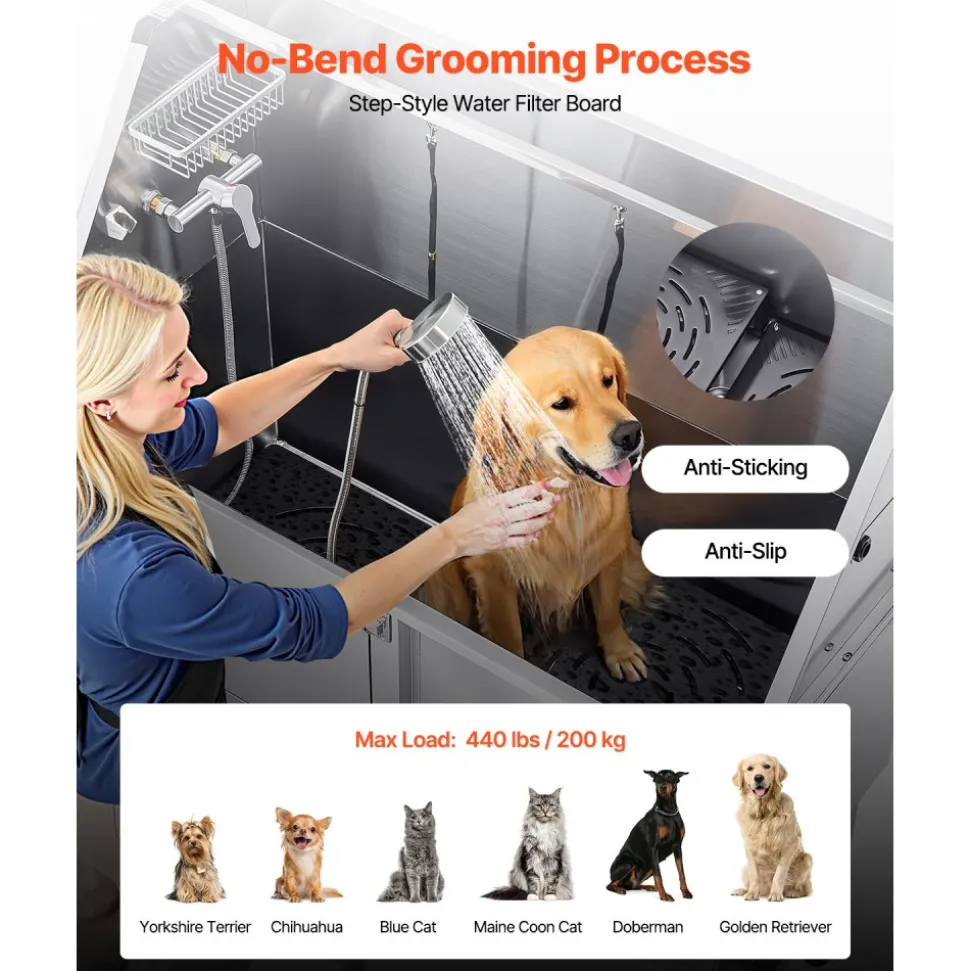 VEVOR Stainless Steel Dog Washing Station, 62 inch Pet Grooming Tub w/ Ramp, PE Water Filter Board, Faucet & Showerhead & Soap Holder Dog Bathtub for Large & Medium & Small Pets (Left Door)