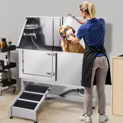 VEVOR Stainless Steel Dog Washing Station, 62 inch Pet Grooming Tub w/ Ramp, PE Water Filter Board, Faucet & Showerhead & Soap Holder Dog Bathtub for Large & Medium & Small Pets (Left Door)