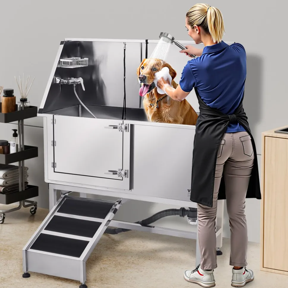 VEVOR Stainless Steel Dog Washing Station, 62 inch Pet Grooming Tub w/ Ramp, PE Water Filter Board, Faucet & Showerhead & Soap Holder Dog Bathtub for Large & Medium & Small Pets (Left Door)