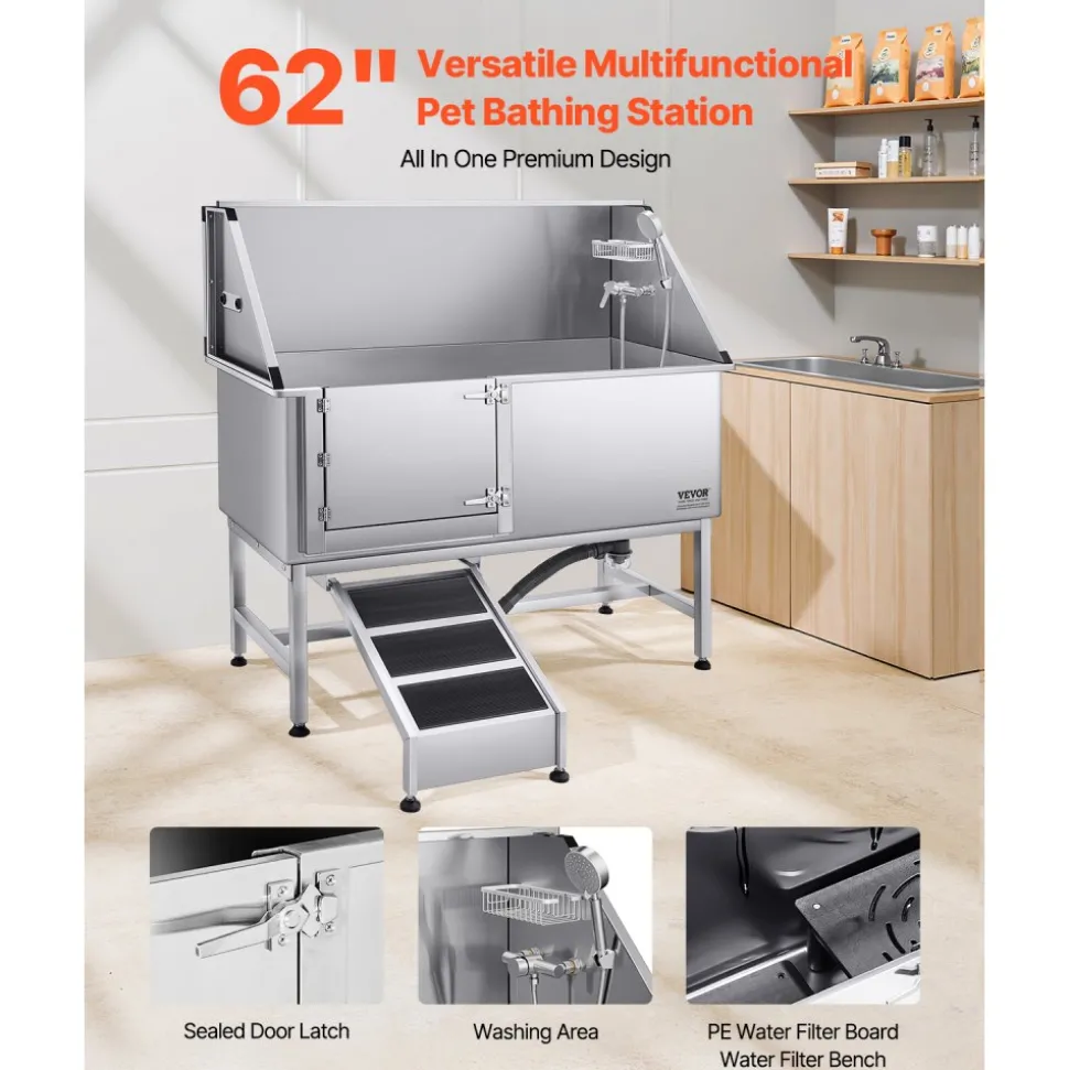 VEVOR Stainless Steel Dog Washing Station, 62 inch Pet Grooming Tub w/ Ramp, PE Water Filter Board, Faucet & Showerhead & Soap Holder Dog Bathtub for Large & Medium & Small Pets (Left Door)