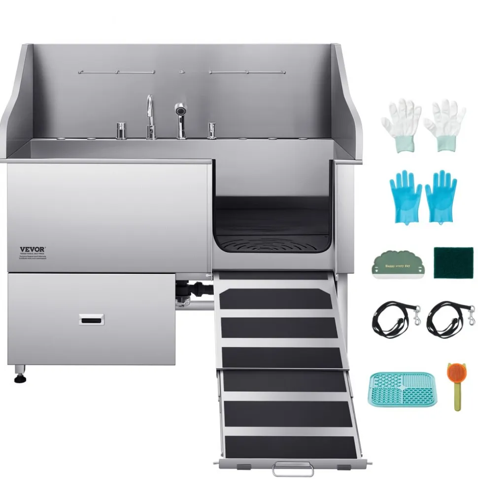 VEVOR Stainless Steel Dog Washing Station, 61 inch Pet Grooming Tub w/ Ramp, Water Filter Board, Faucet & Showerhead & Leash Dog Bathtub for Large & Medium & Small Pets (Right Door)