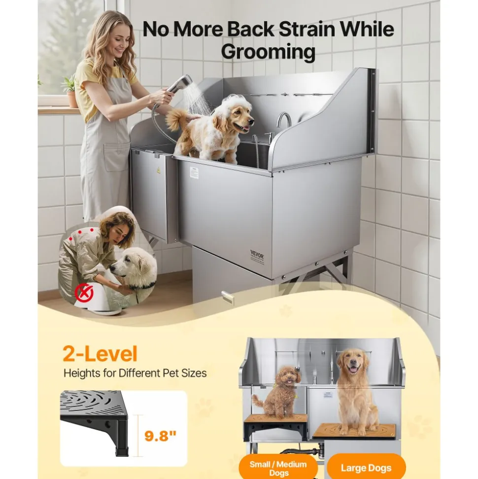 VEVOR Stainless Steel Dog Washing Station, 61 inch Pet Grooming Tub w/ Ramp, Water Filter Board, Faucet & Showerhead & Leash Dog Bathtub for Large & Medium & Small Pets (Right Door)