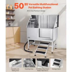 VEVOR Stainless Steel Dog Washing Station 50 Inch Pet Grooming Tub with Low-Slope Non-Slip Stairs, Hot & Cold Faucet, Showerhead, Home Wash Sink, Fits Medium and Large Pets (Right Door)