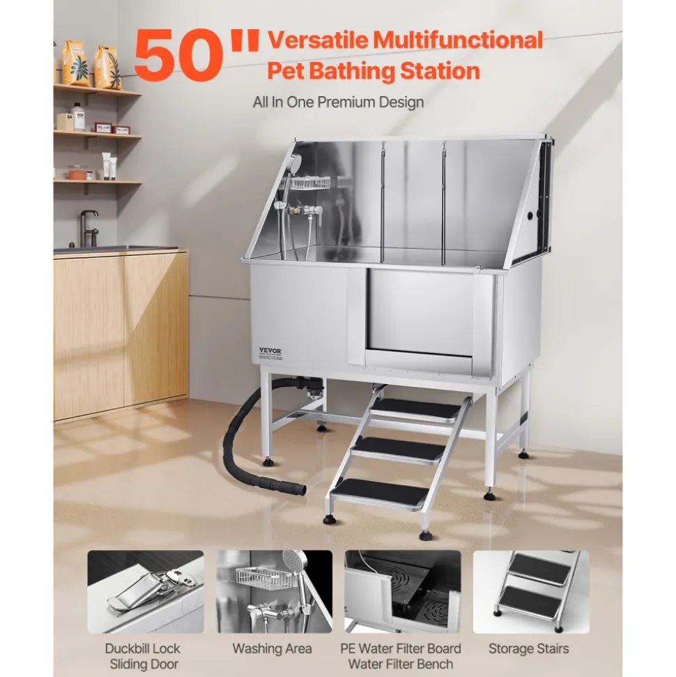 VEVOR Stainless Steel Dog Washing Station 50 Inch Pet Grooming Tub with Low-Slope Non-Slip Stairs, Hot & Cold Faucet, Showerhead, Home Wash Sink, Fits Medium and Large Pets (Right Door)