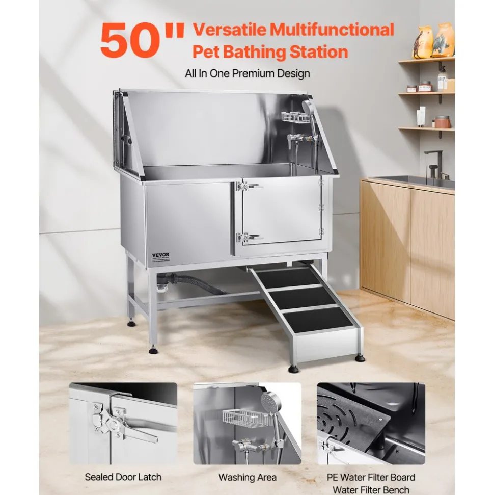 VEVOR Stainless Steel Dog Washing Station, 50 inch Pet Grooming Tub w/ Ramp, PE Water Filter Board, Faucet & Showerhead & Soap Holder Dog Bathtub for Large & Medium & Small Pets (Right Door)