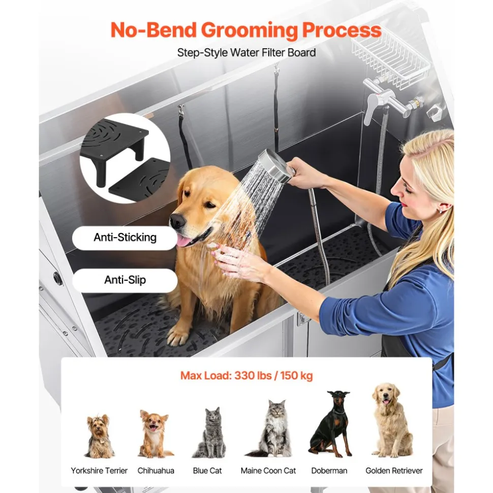 VEVOR Stainless Steel Dog Washing Station, 50 inch Pet Grooming Tub w/ Ramp, PE Water Filter Board, Faucet & Showerhead & Soap Holder Dog Bathtub for Large & Medium & Small Pets (Right Door)