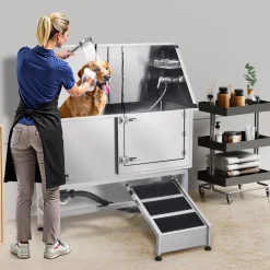 VEVOR Stainless Steel Dog Washing Station, 50 inch Pet Grooming Tub w/ Ramp, PE Water Filter Board, Faucet & Showerhead & Soap Holder Dog Bathtub for Large & Medium & Small Pets (Right Door)