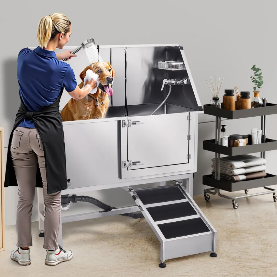 VEVOR Stainless Steel Dog Washing Station, 50 inch Pet Grooming Tub w/ Ramp, PE Water Filter Board, Faucet & Showerhead & Soap Holder Dog Bathtub for Large & Medium & Small Pets (Right Door)