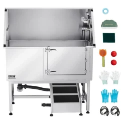VEVOR Stainless Steel Dog Washing Station, 50 inch Pet Grooming Tub w/ Ramp, PE Water Filter Board, Faucet & Showerhead & Soap Holder Dog Bathtub for Large & Medium & Small Pets (Right Door)
