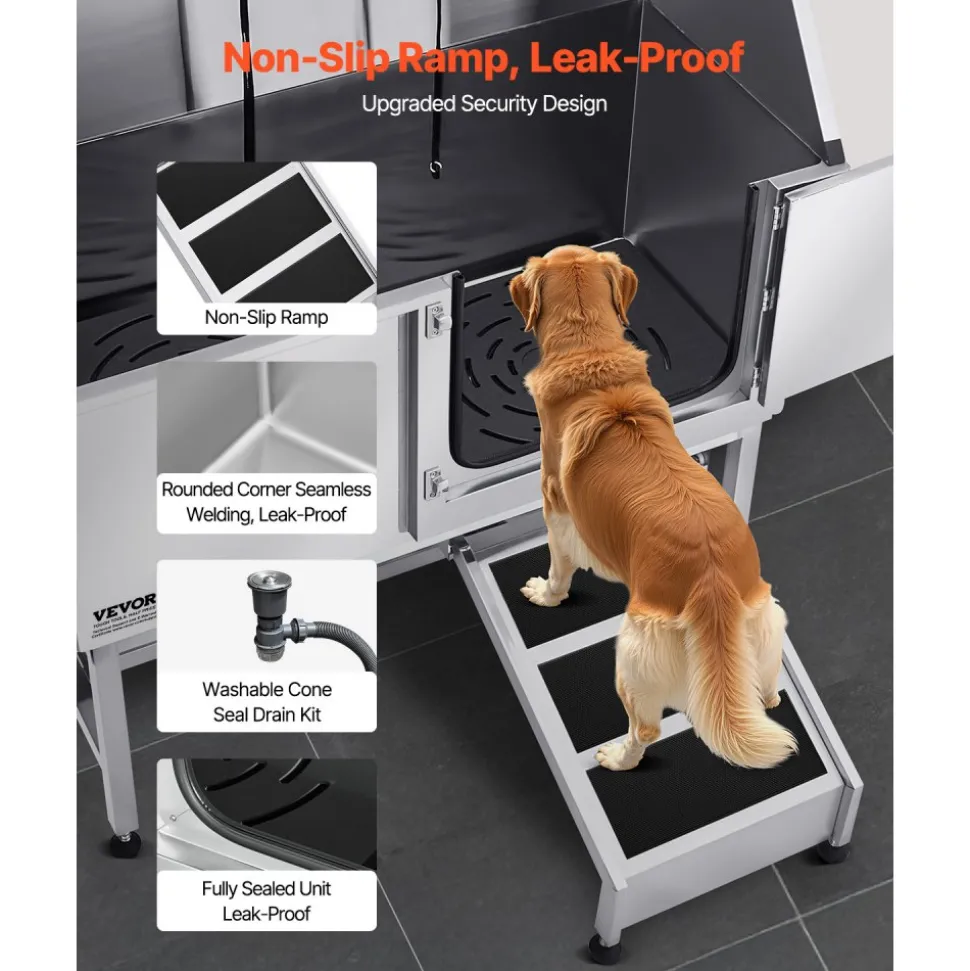 VEVOR Stainless Steel Dog Washing Station, 50 inch Pet Grooming Tub w/ Ramp, PE Water Filter Board, Faucet & Showerhead & Soap Holder Dog Bathtub for Large & Medium & Small Pets (Right Door)