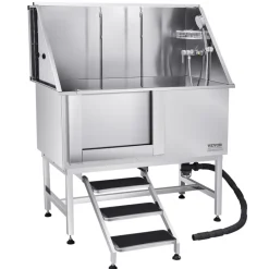 VEVOR 304 Stainless Steel Dog Washing Station, 50 Inch Pet Grooming Tub with Non-Slip Low-Slope Ramp, Storage Drawer, Hot & Cold Faucet, All-in-One Bath for Grooming Shop, Fits All Sizes (Right Door)