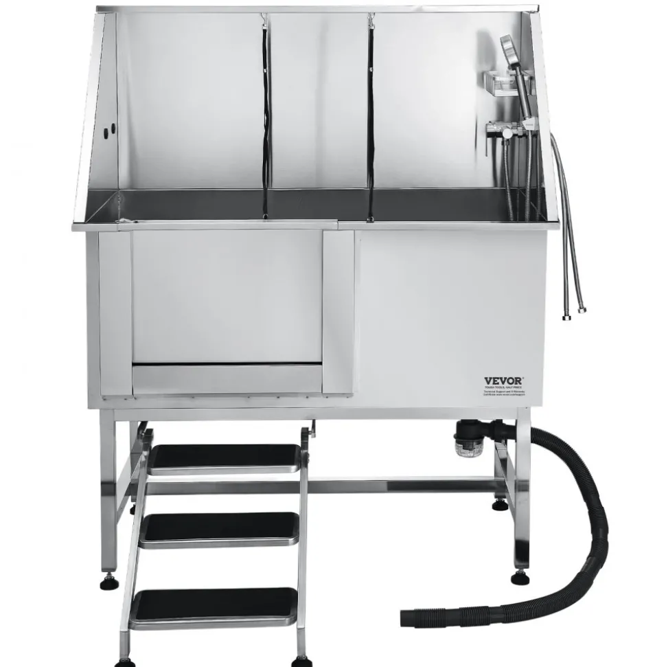 VEVOR 304 Stainless Steel Dog Washing Station, 50 Inch Pet Grooming Tub with Non-Slip Low-Slope Ramp, Storage Drawer, Hot & Cold Faucet, All-in-One Bath for Grooming Shop, Fits All Sizes (Right Door)