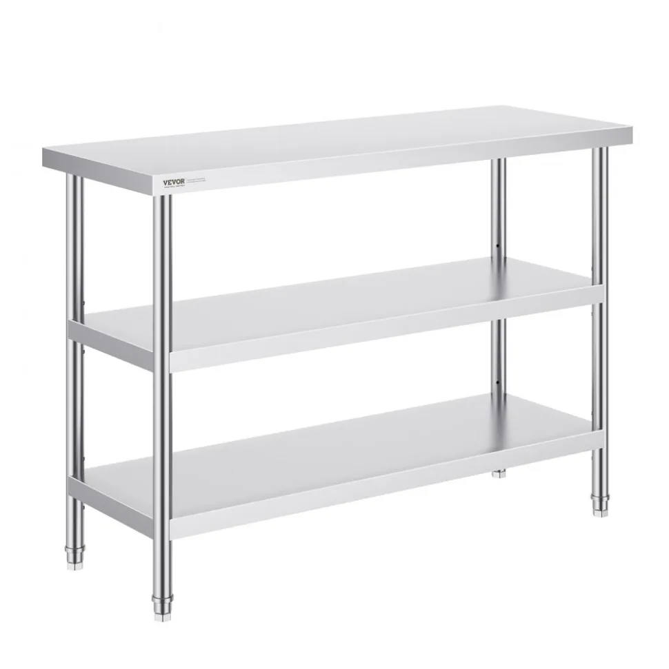 VEVOR Stainless Steel Food Prep Table, 18 x 48 x 34 Inch Commercial Kitchen Worktable, with 2 Adjustable Undershelf, Heavy Duty Prep Table Metal Work Table for BBQ, Kitchen, Home, and Garage