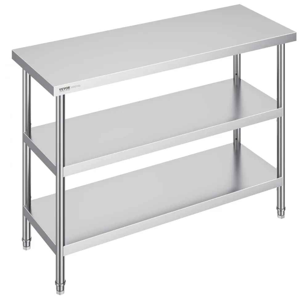 VEVOR Stainless Steel Food Prep Table, 18 x 48 x 34 Inch Commercial Kitchen Worktable, with 2 Adjustable Undershelf, Heavy Duty Prep Table Metal Work Table for BBQ, Kitchen, Home, and Garage
