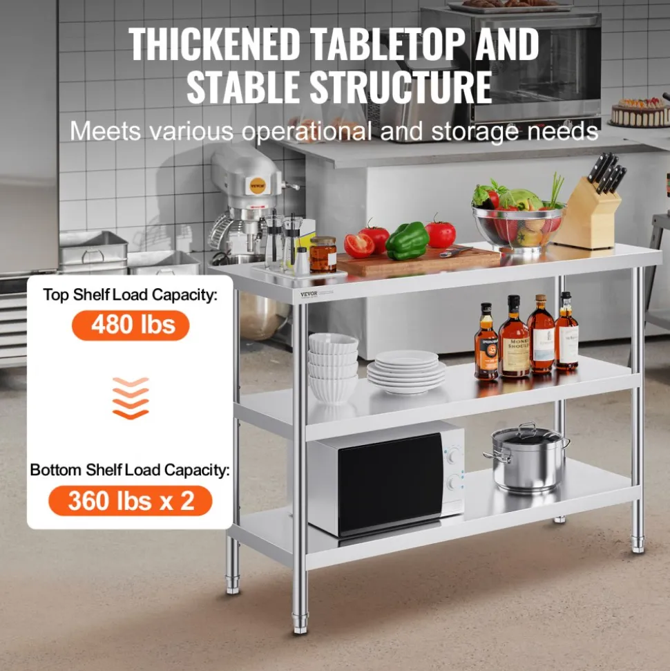 VEVOR Stainless Steel Food Prep Table, 18 x 48 x 34 Inch Commercial Kitchen Worktable, with 2 Adjustable Undershelf, Heavy Duty Prep Table Metal Work Table for BBQ, Kitchen, Home, and Garage