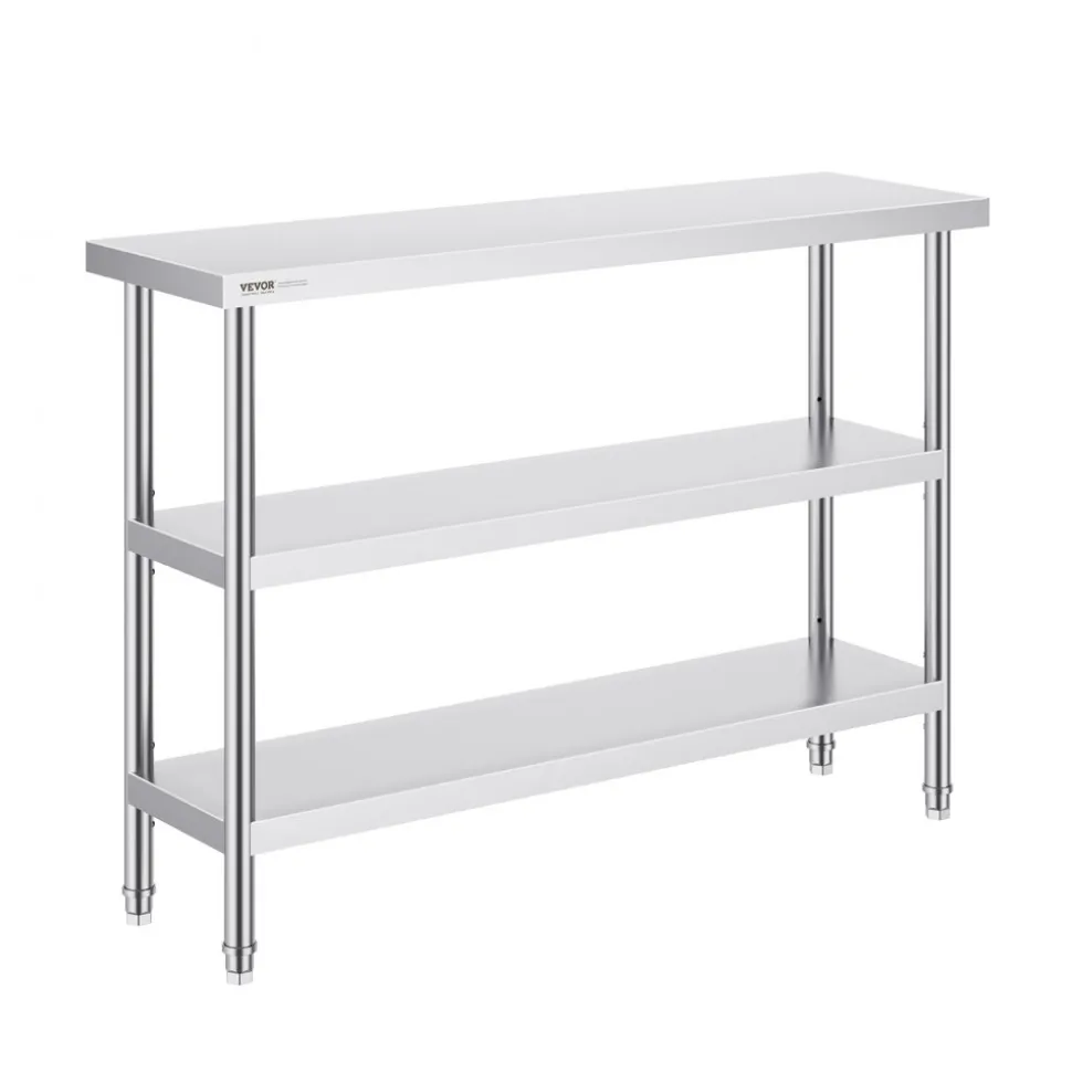 VEVOR Stainless Steel Food Prep Table, 14 x 48 x 34 Inch Commercial Kitchen Worktable, with 2 Adjustable Undershelf, Heavy Duty Prep Table Metal Work Table for BBQ, Kitchen, Home, and Garage