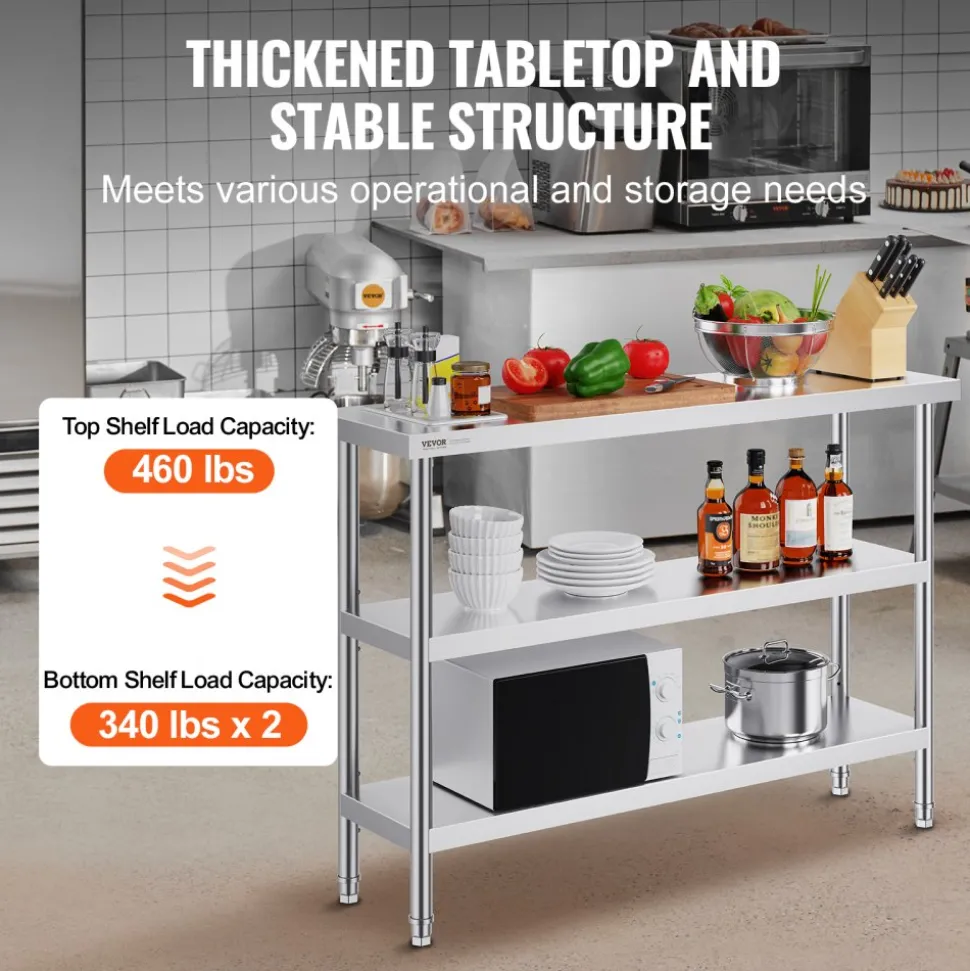VEVOR Stainless Steel Food Prep Table, 14 x 48 x 34 Inch Commercial Kitchen Worktable, with 2 Adjustable Undershelf, Heavy Duty Prep Table Metal Work Table for BBQ, Kitchen, Home, and Garage